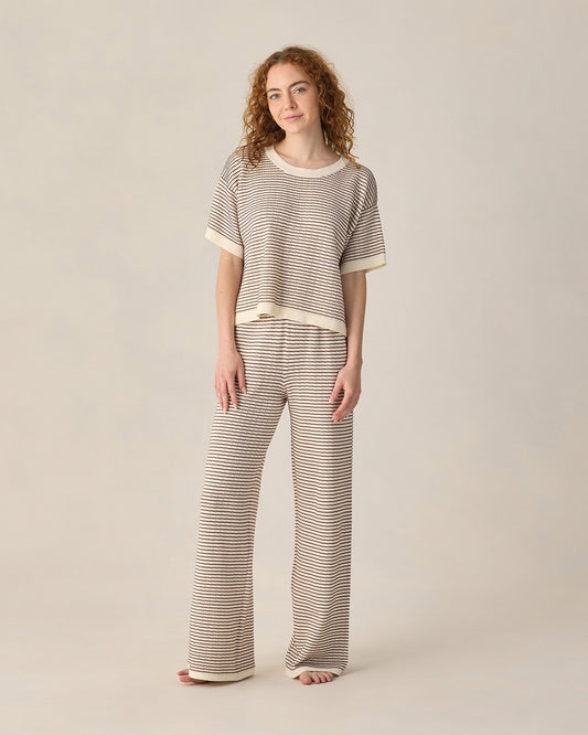 Women's Boxy Crop Knit Tee Chocolate Stripe