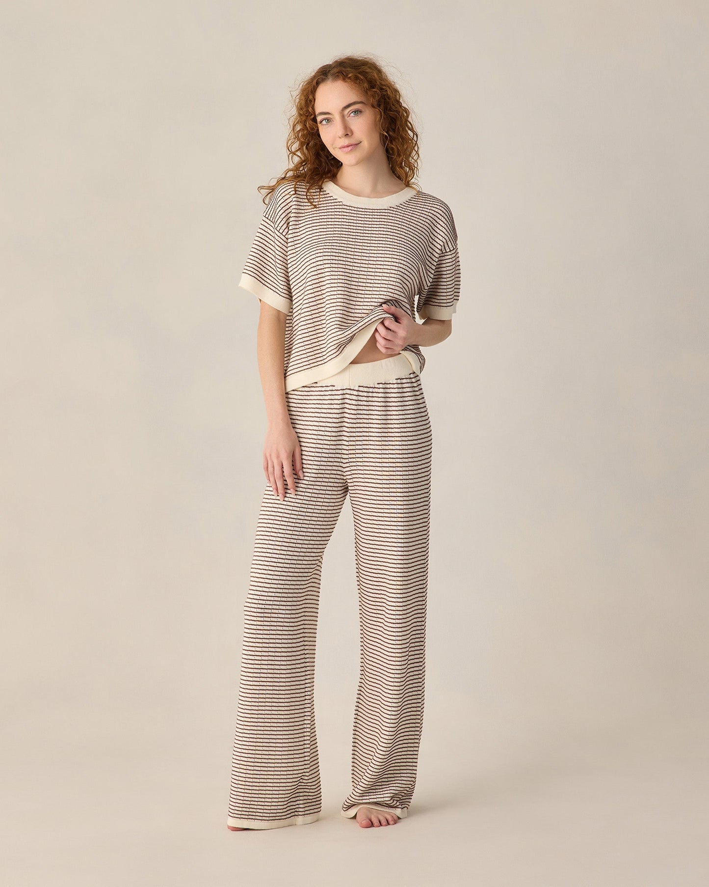 Women's Boxy Crop Knit Tee Chocolate Stripe