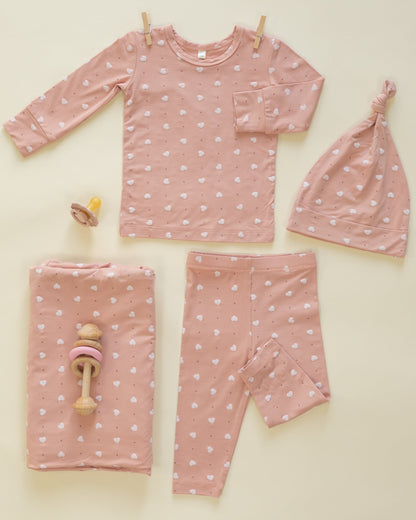 Bamboo Swaddle + Knotted Hat Pink Hearts