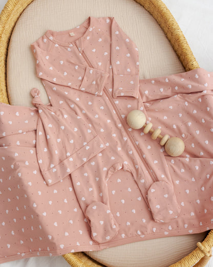 Bamboo Zip Footie Pink Hearts