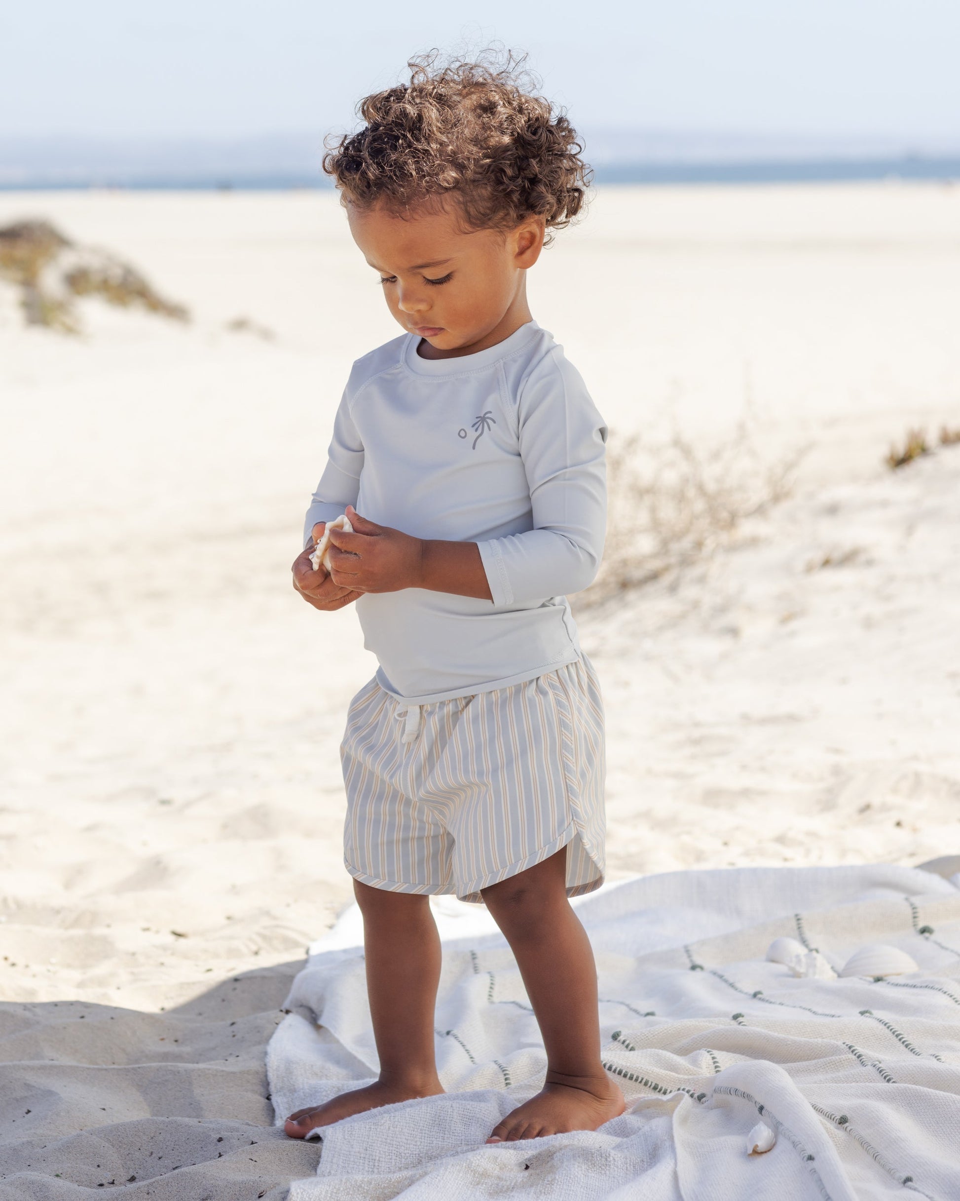 Boys Swim Short Blue + Butterscotch Stripe
