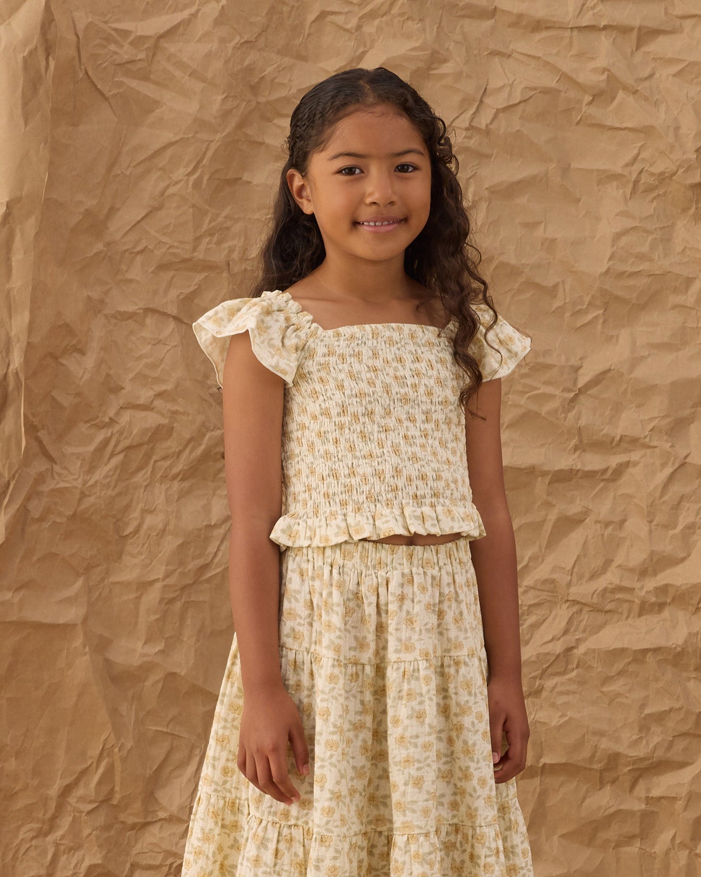 Tiered Midi Skirt Yellow Floral