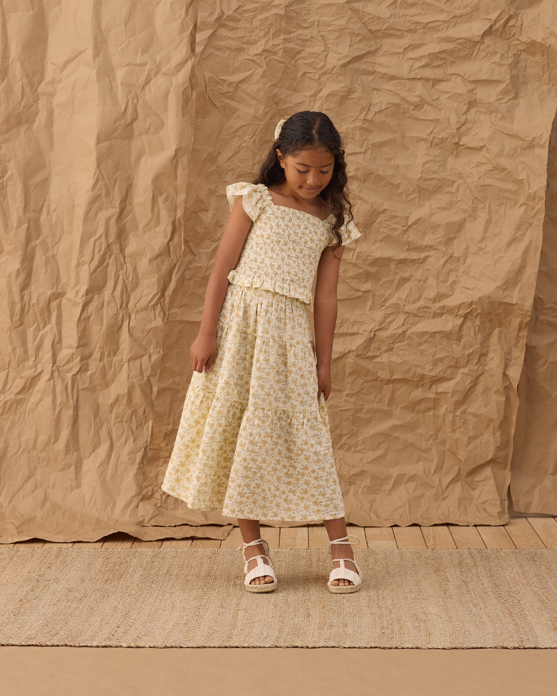 Tiered Midi Skirt Yellow Floral