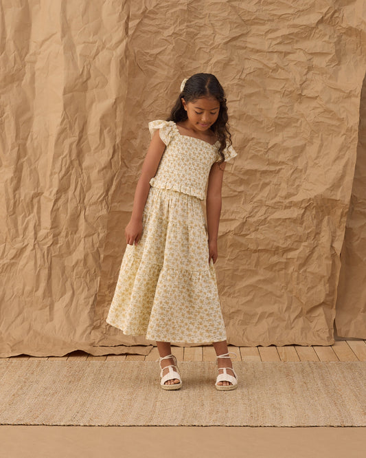 Tiered Midi Skirt Yellow Floral