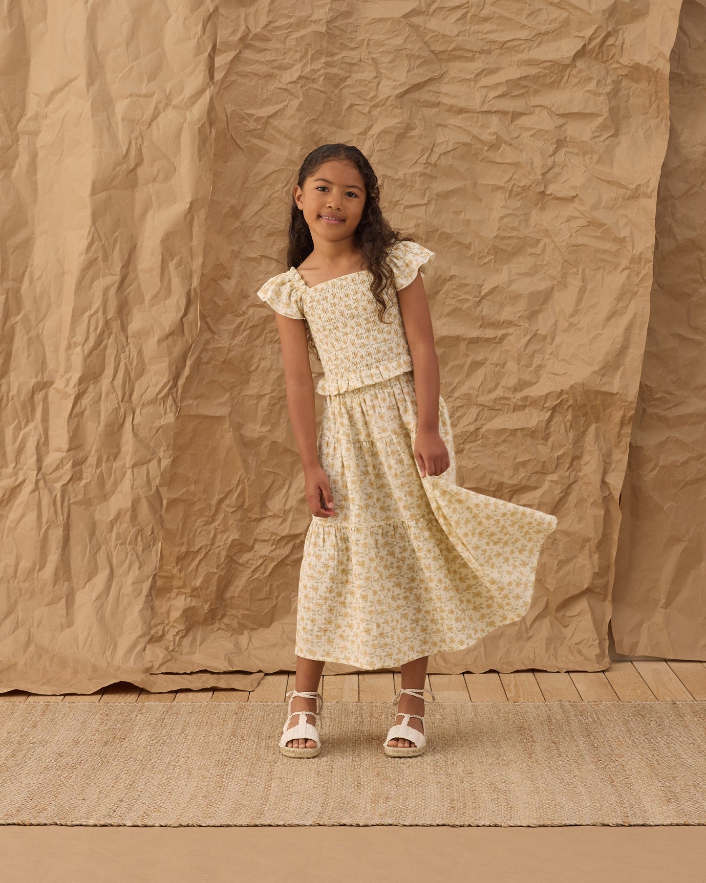 Tiered Midi Skirt Yellow Floral