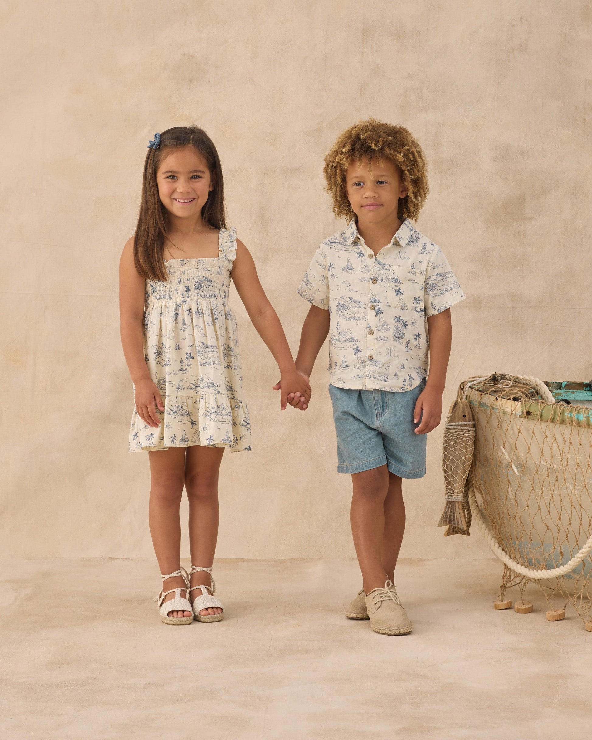 Collared Short Sleeve Shirt Ocean Toile