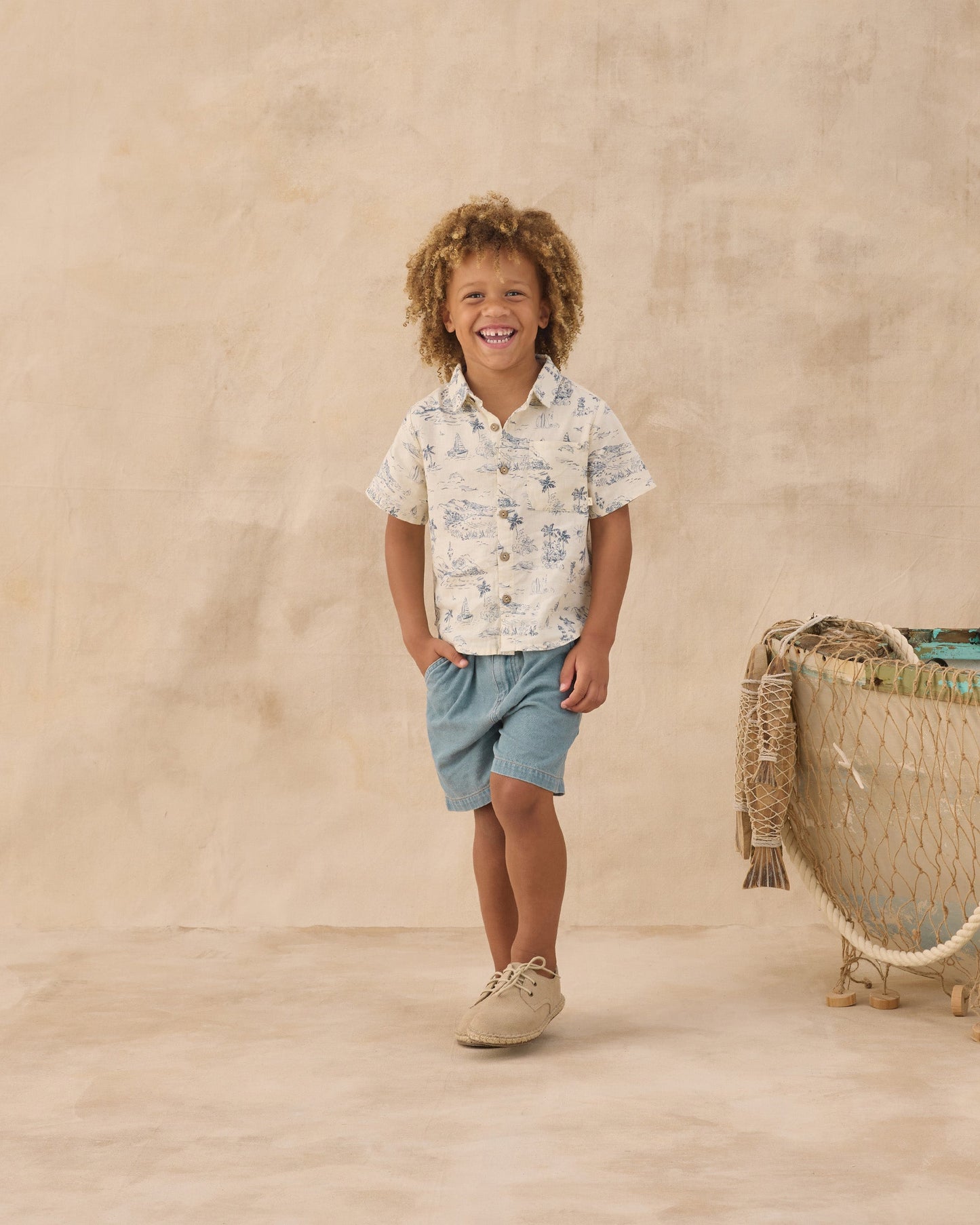 Collared Short Sleeve Shirt Ocean Toile