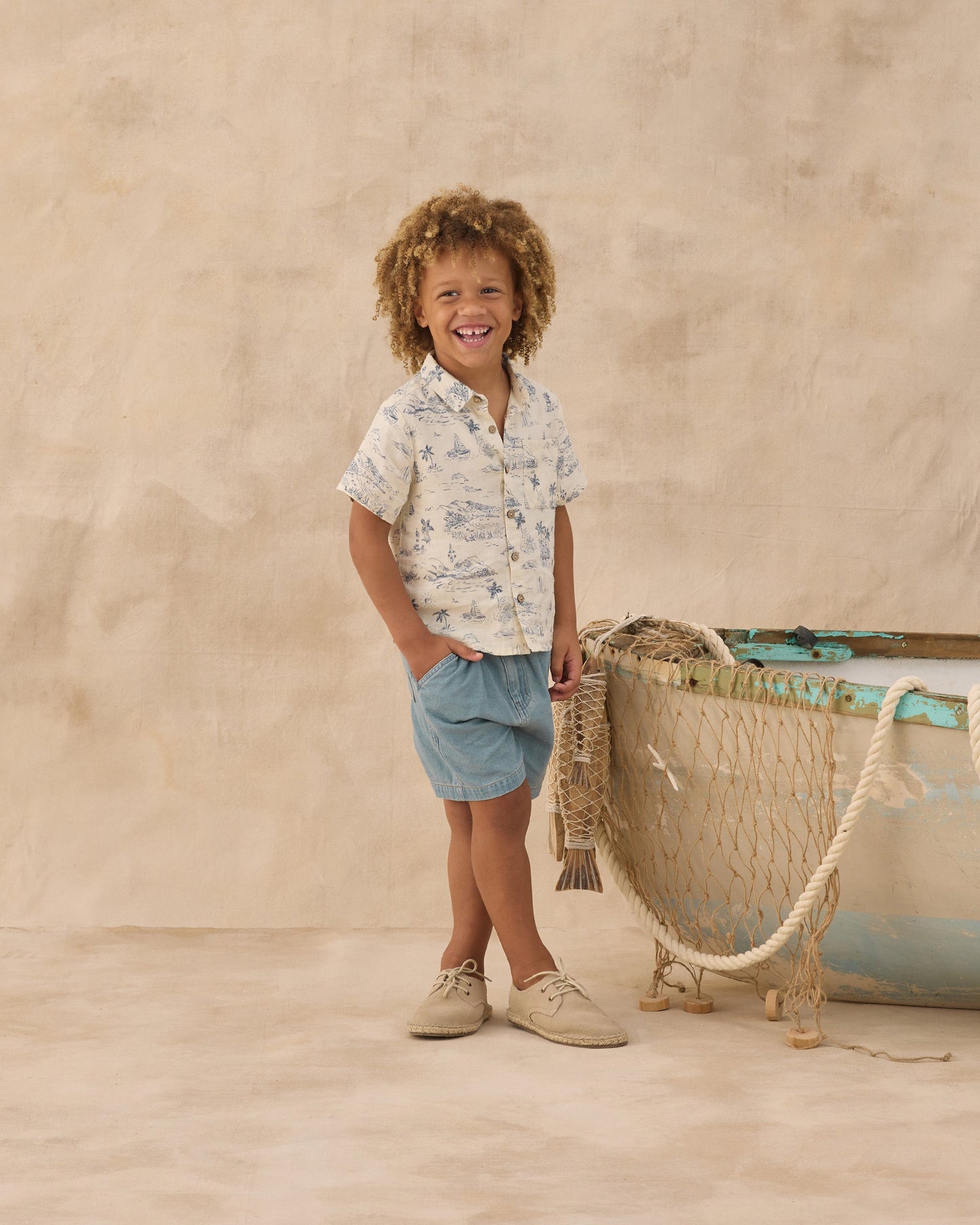 Collared Short Sleeve Shirt Ocean Toile