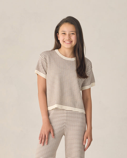 Teen Boxy Crop Knit Tee Chocolate Stripe