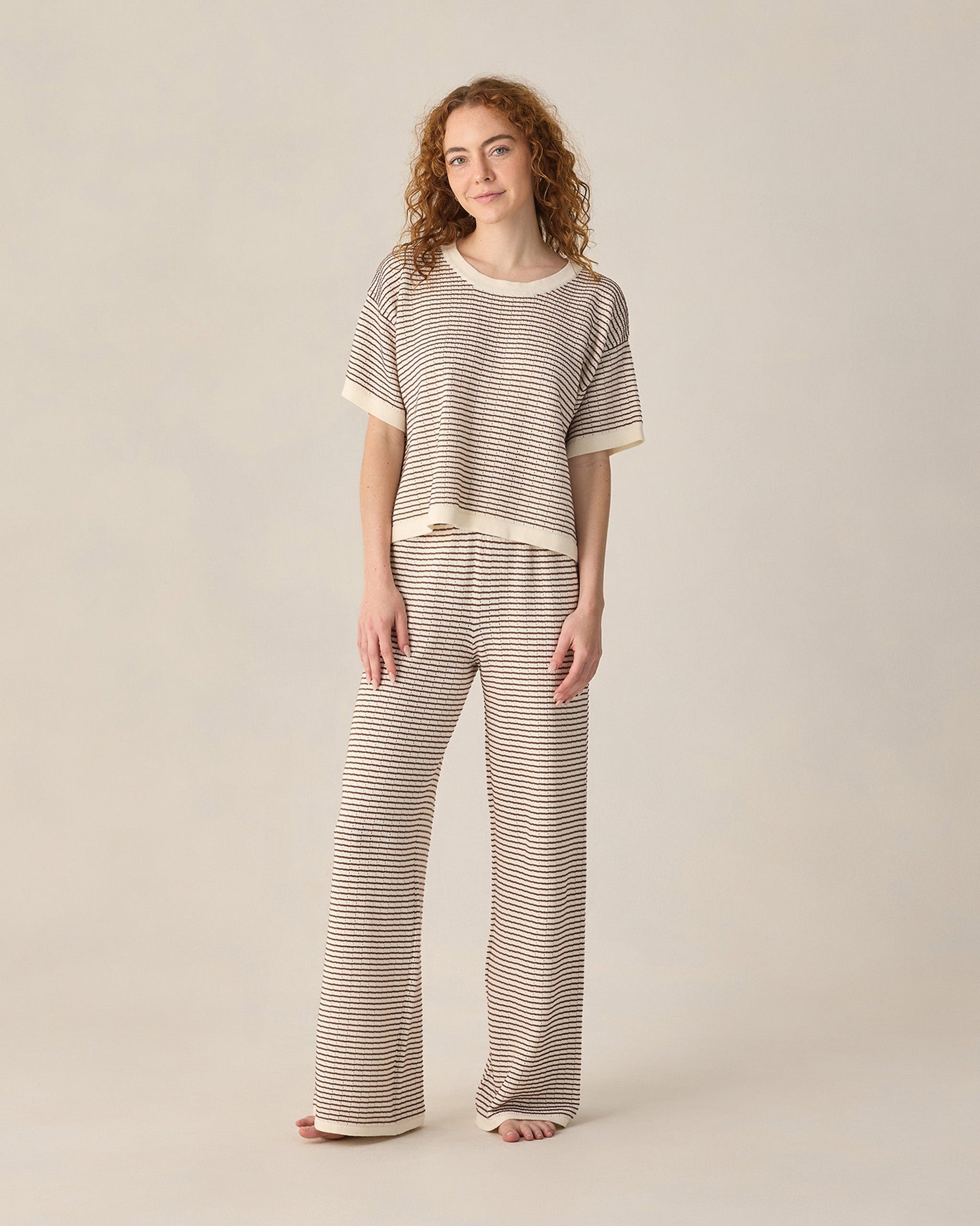 Women's Boxy Crop Knit Tee Chocolate Stripe