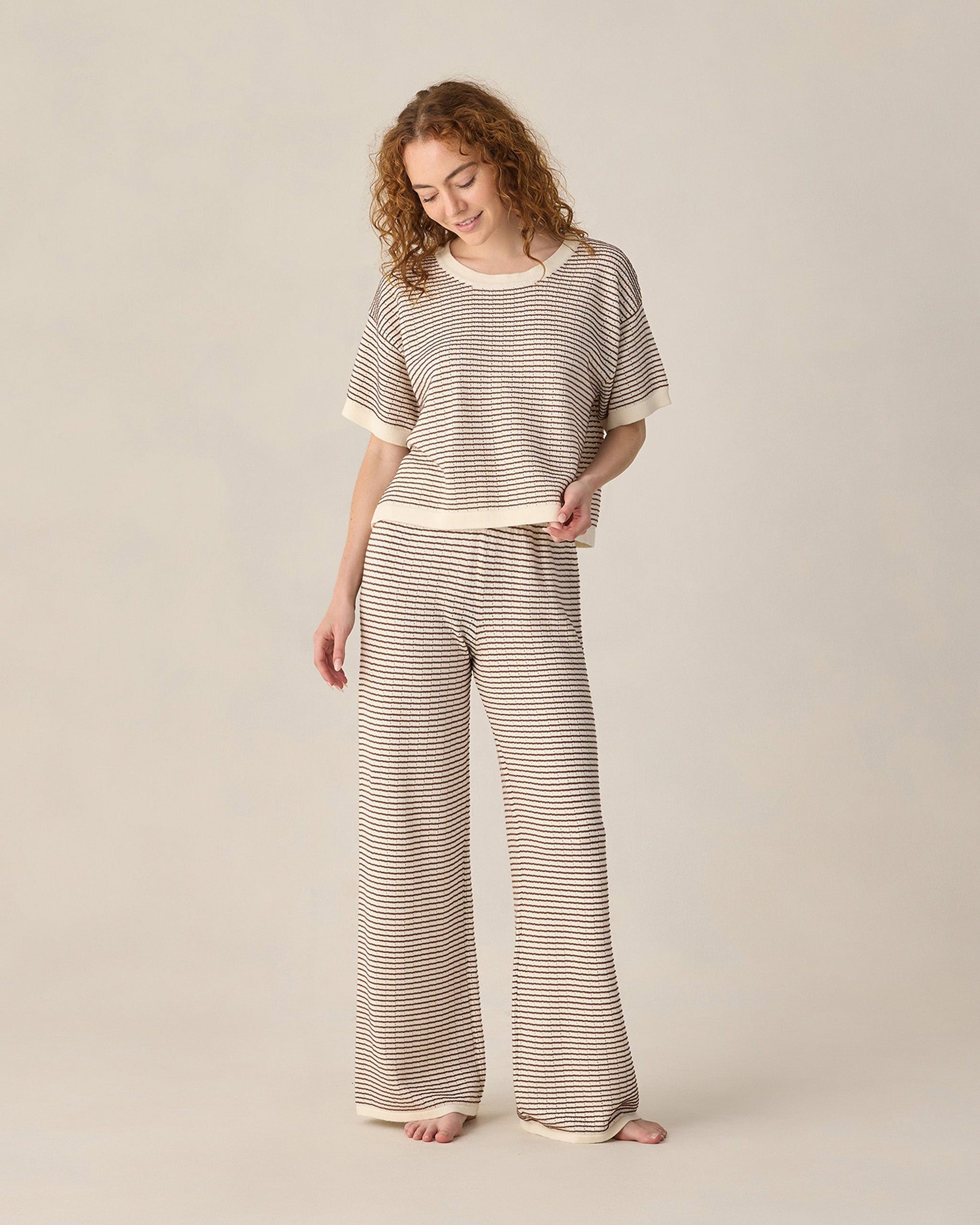 Women's Boxy Crop Knit Tee Chocolate Stripe