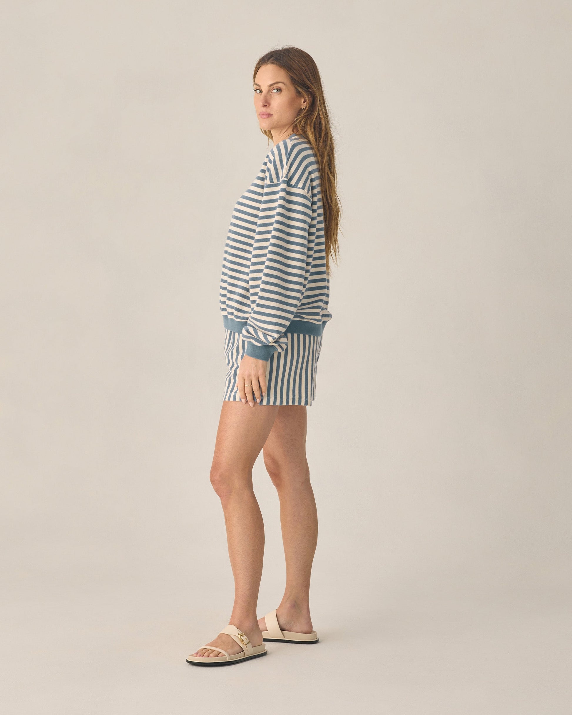 Women's Oversized Crew + Short Set Marine Stripe